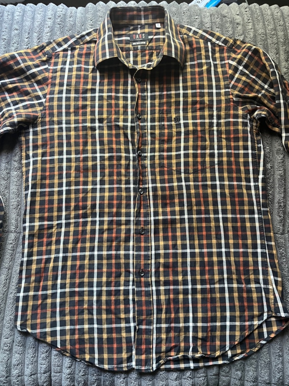 DAKS Men's Black, Burnt Orange, and mustard Plaid Button-Down Shirt